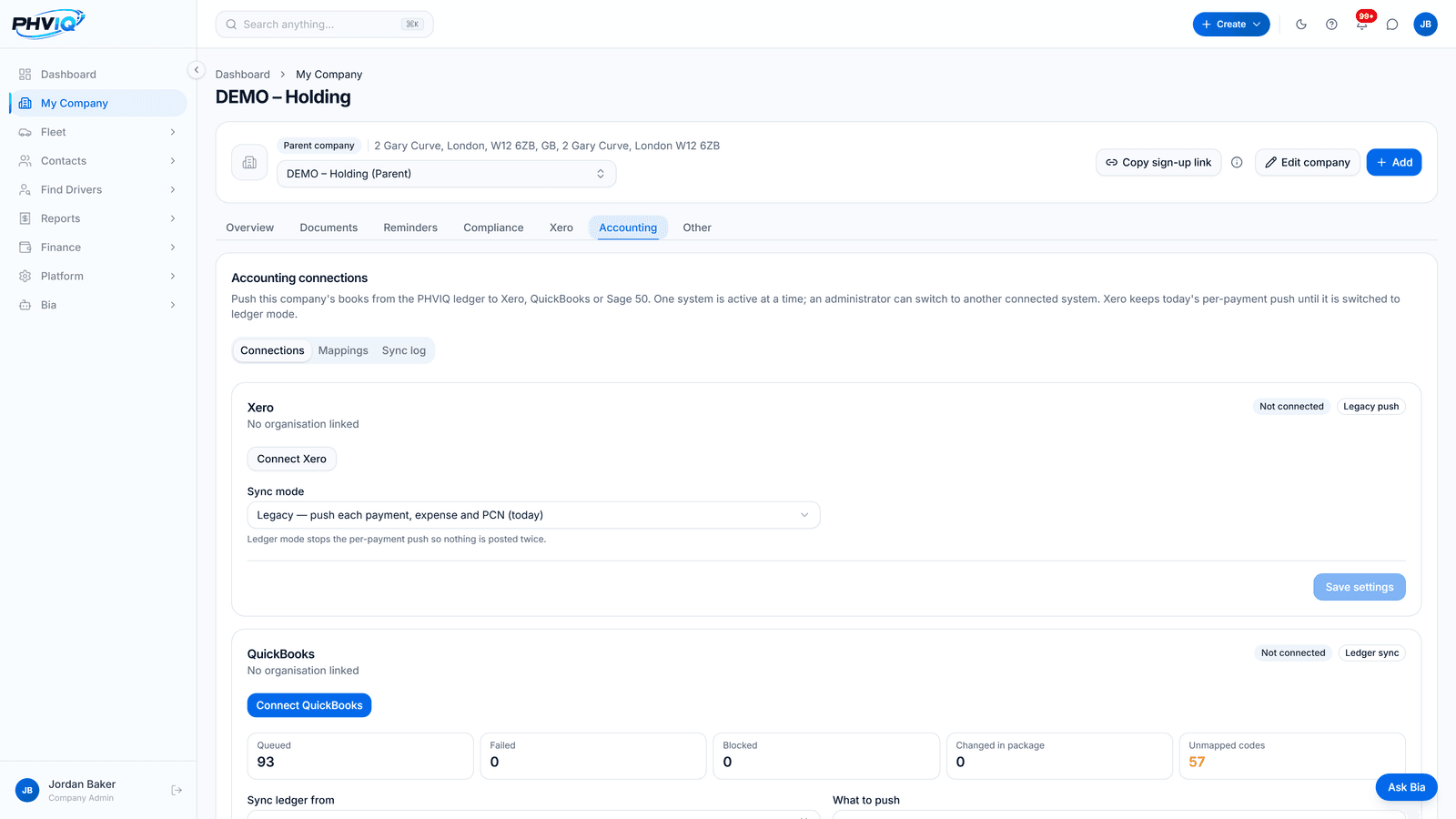 PHVIQ Accounting connections for a demo holding company, with Xero and QuickBooks cards, sync mode and sync counts