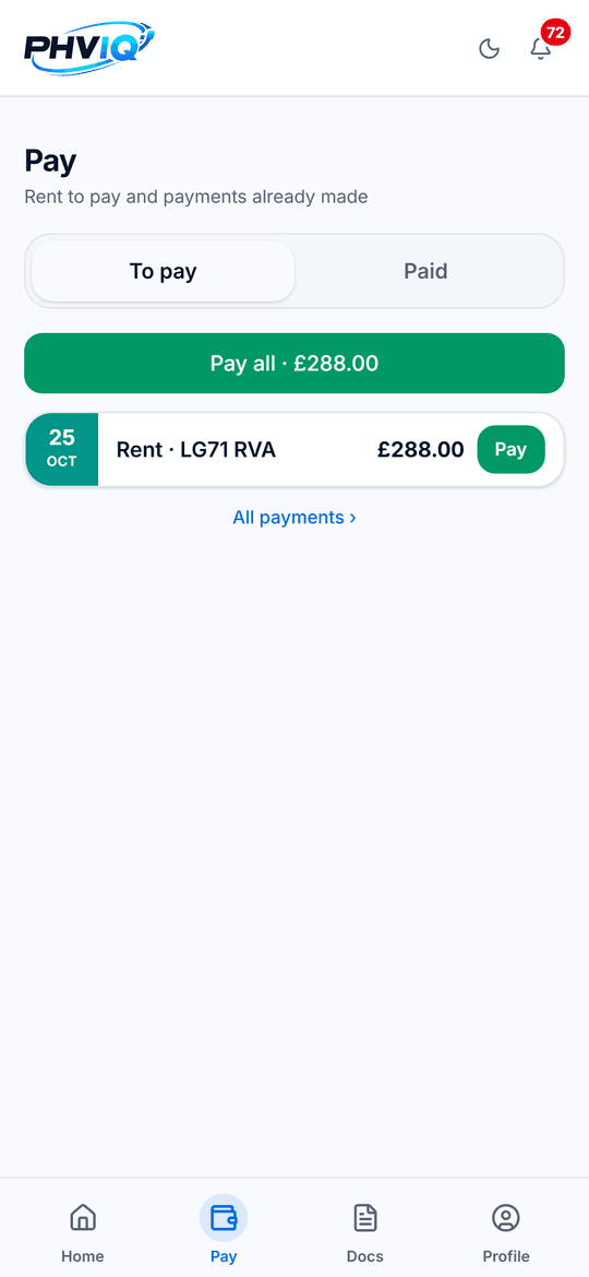 Driver portal Pay screen for a demo driver: rent due for their vehicle with Pay and Pay all buttons