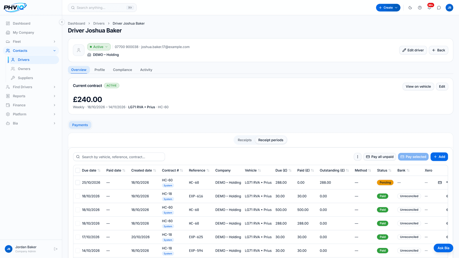 PHVIQ driver profile for a demo driver showing an active weekly contract and a list of rent receipts with paid and pending status