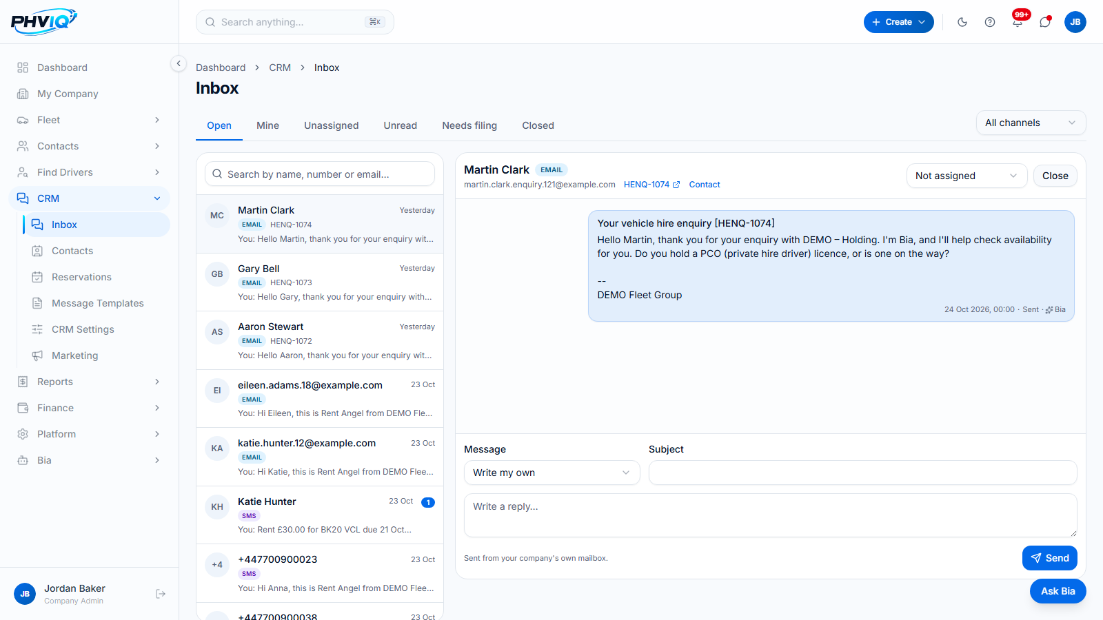 The PHVIQ CRM inbox with demo email and SMS conversations; Bia's reply to a vehicle hire enquiry is open on the right