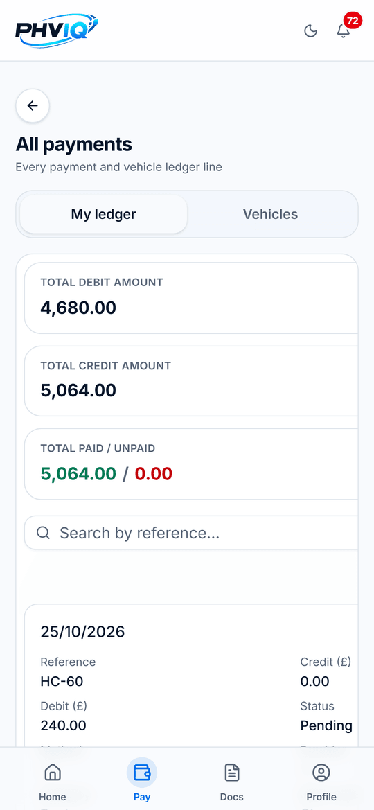 Driver portal All payments screen for a demo driver: total debits, credits, paid and unpaid, and each ledger line