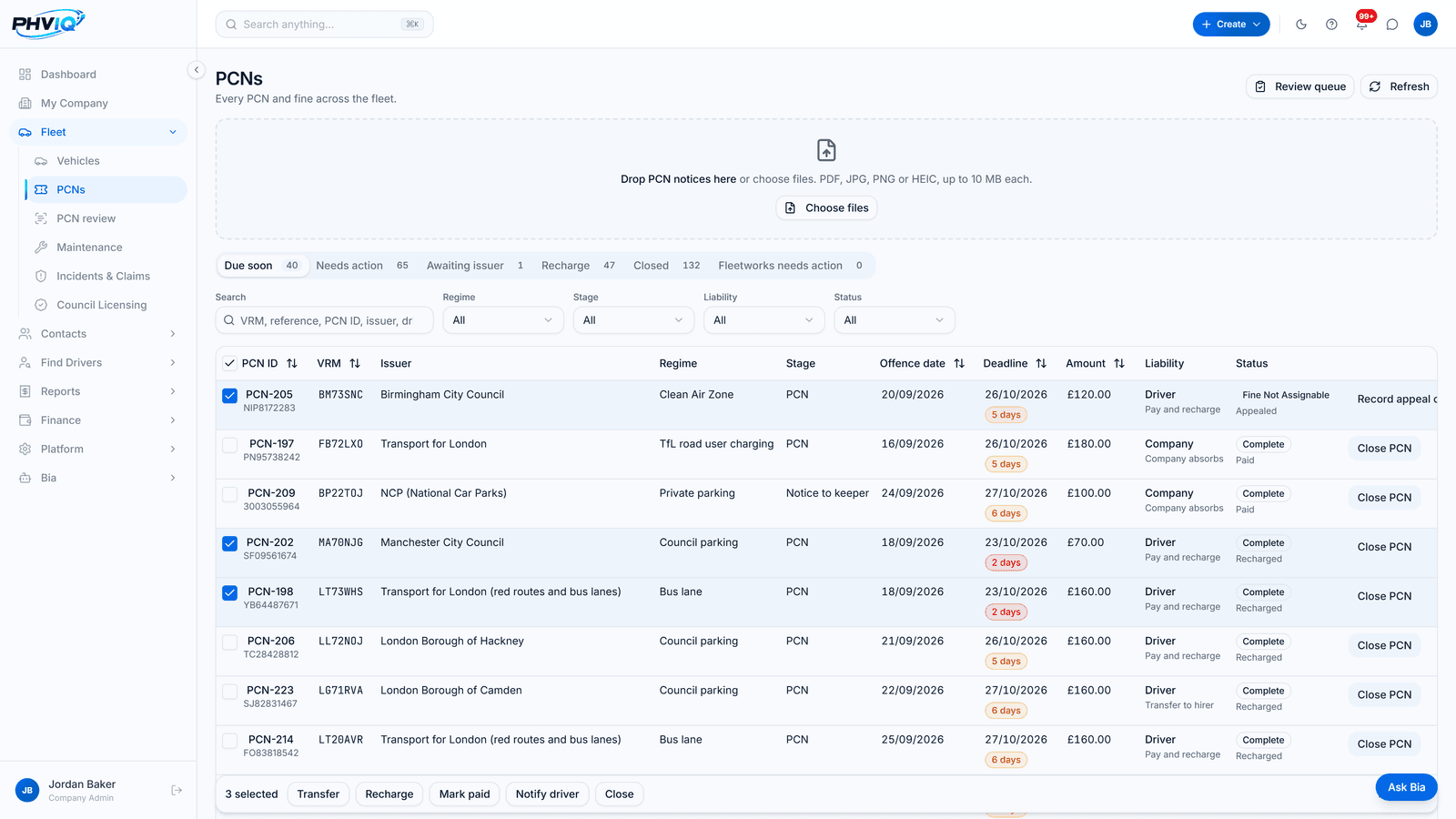 PHVIQ PCNs inbox with demo data: drop zone for notices, tabs for due soon, needs action, awaiting issuer, recharge and closed, and three PCNs selected for a bulk transfer